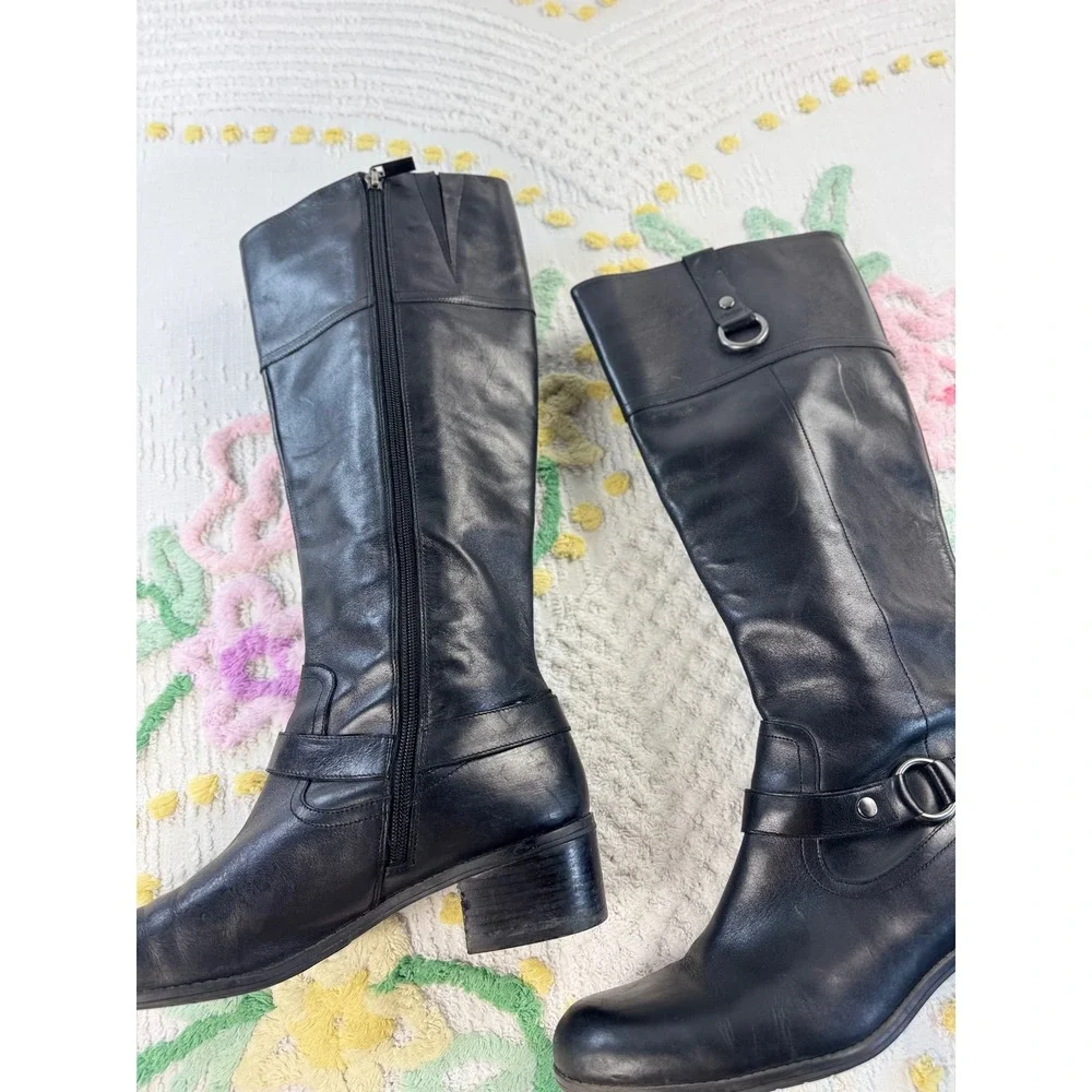 Bandolino BDCOPLIE Black Leather Tall Riding Boots Womens 10M Block Heel Harness